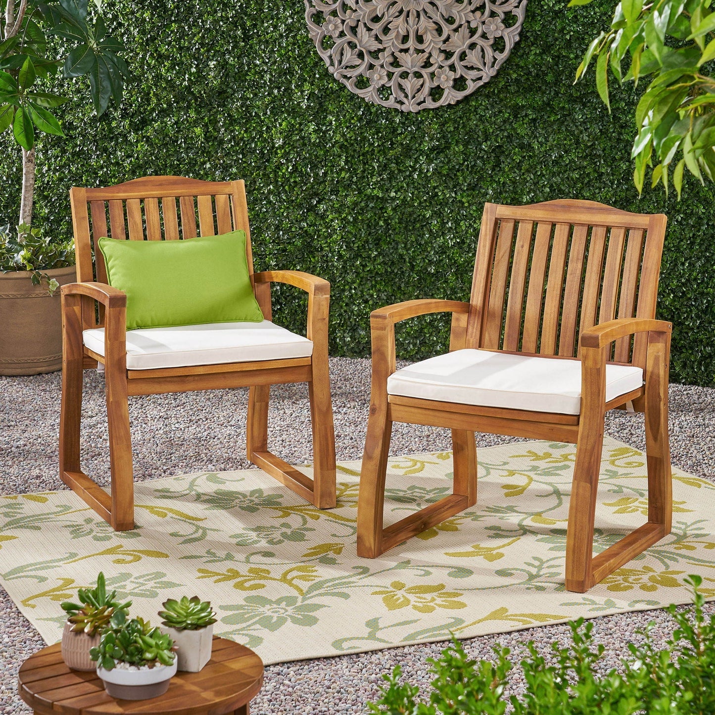 Della Wood Armchair set of 2 outdoor dining chairs with cream cushions in wood frame by HouseOfZazla on Tampa Home & Garden Store