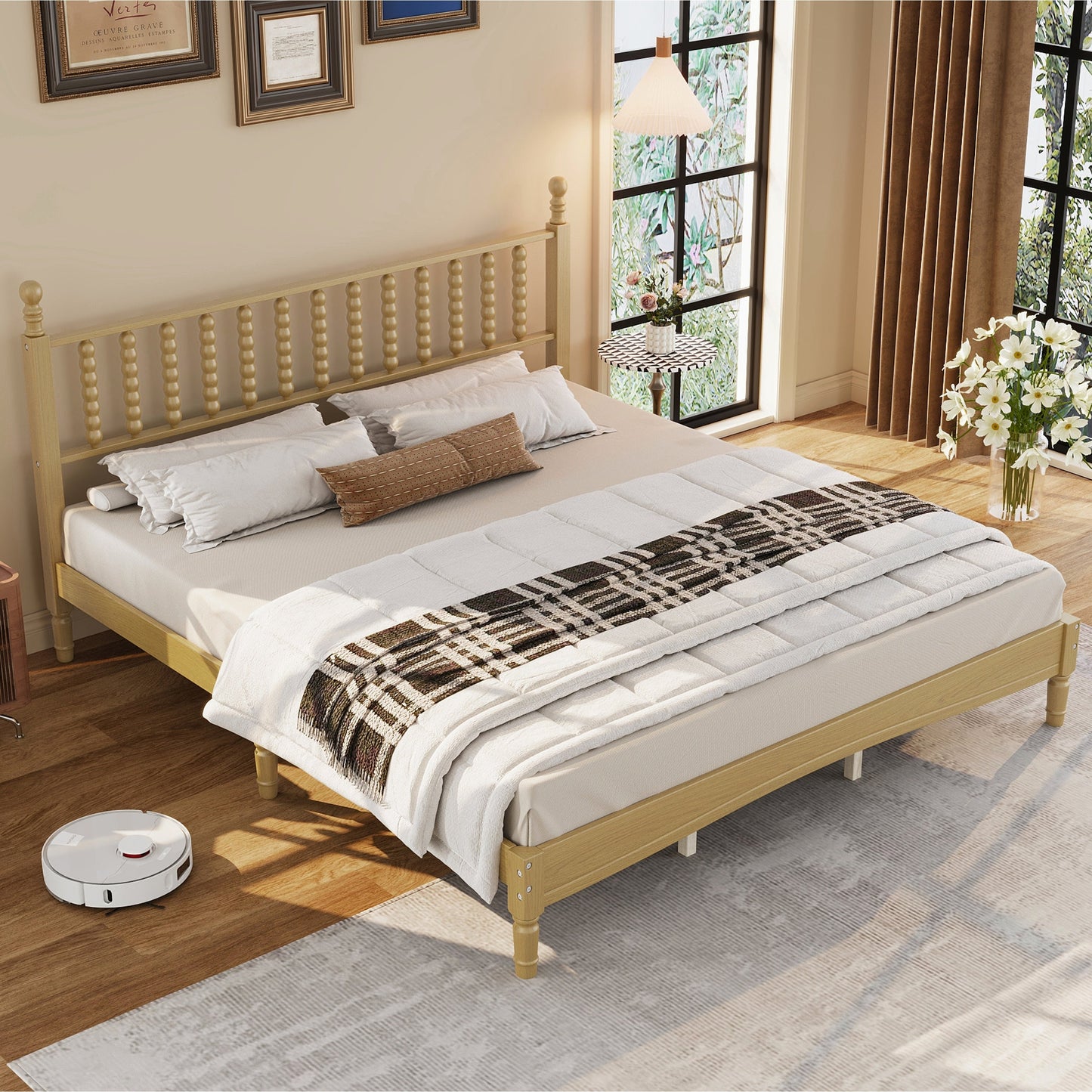 King size wood platform bed with gourd-shaped headboard in light finish by HouseOfZazla on Tampa Home & Garden Store