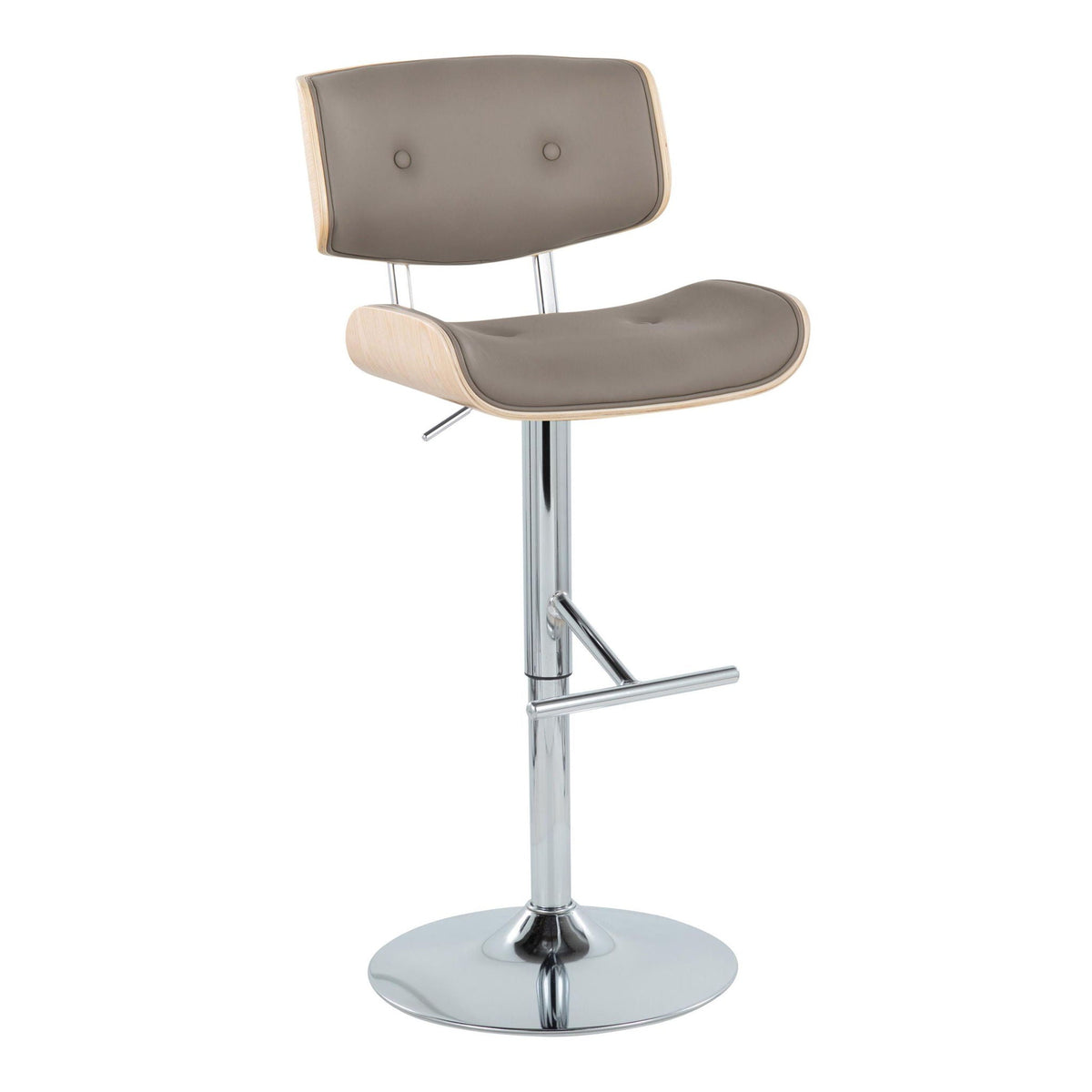Contemporary adjustable barstool with swivel, beige upholstery, wood trim, chrome pedestal base on Tampa Home & Garden Store