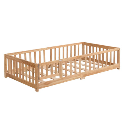 Solid wood platform bed for children with door and safety fence, natural pine, HouseOfZazla on Tampa Home & Garden Store