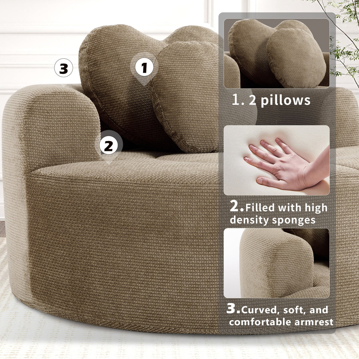 Round memory foam sofa bed in beige textured fabric by HouseOfZazla for living room on Tampa Home & Garden Store