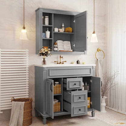 Bathroom vanity with top sink and mirror cabinet in gray, 2 soft-close doors and 2 drawers on Tampa Home & Garden Store