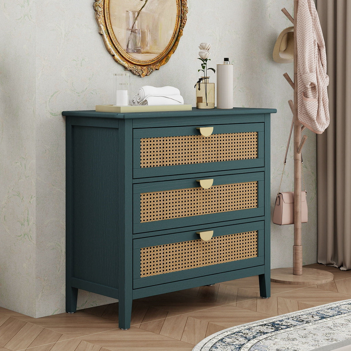 3 Drawer Cabinet by HouseOfZazla with natural rattan caned fronts in teal finish on Tampa Home & Garden Store