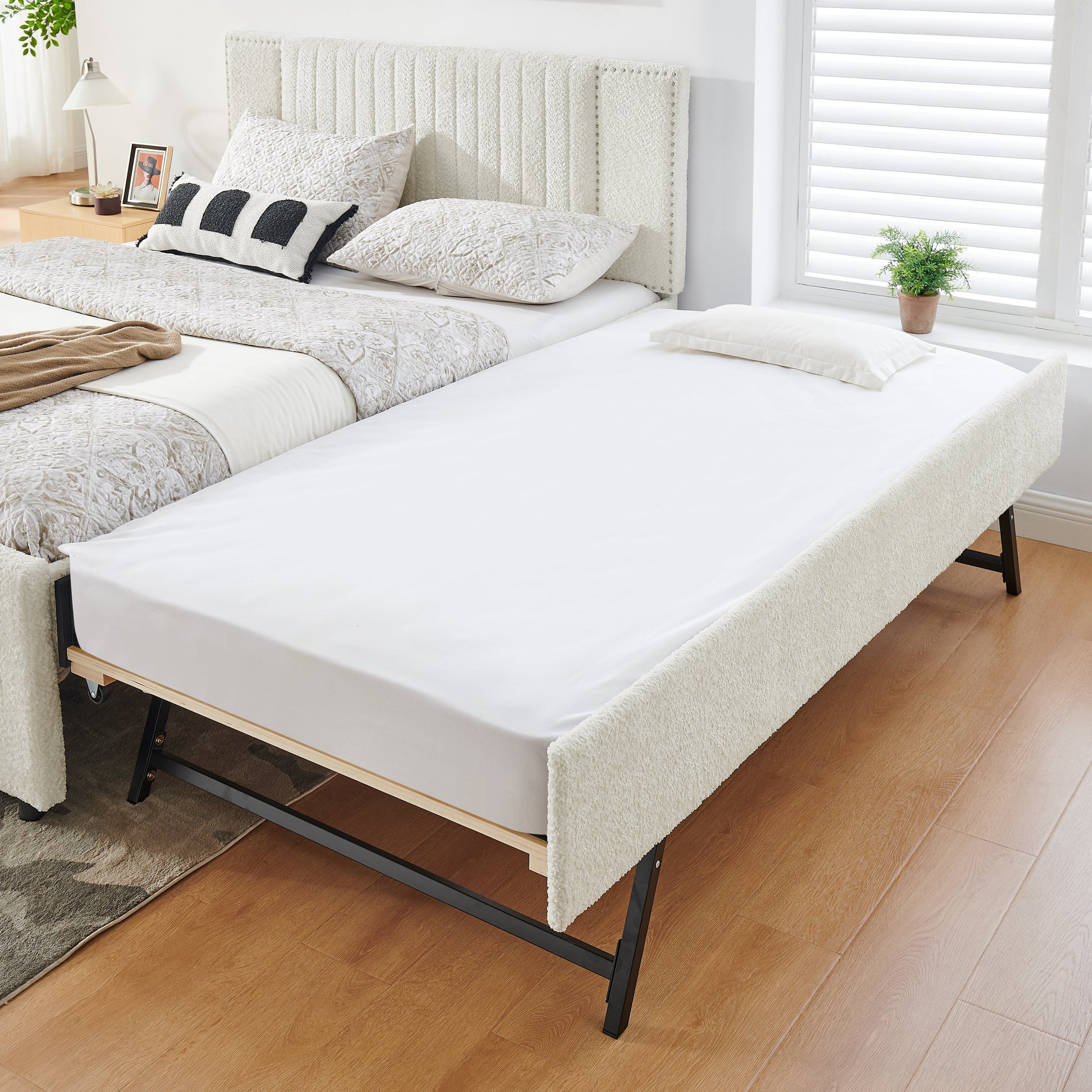Queen size vertical channel tufted upholstered bed with storage and trundle ivory fabric on Tampa Home & Garden Store