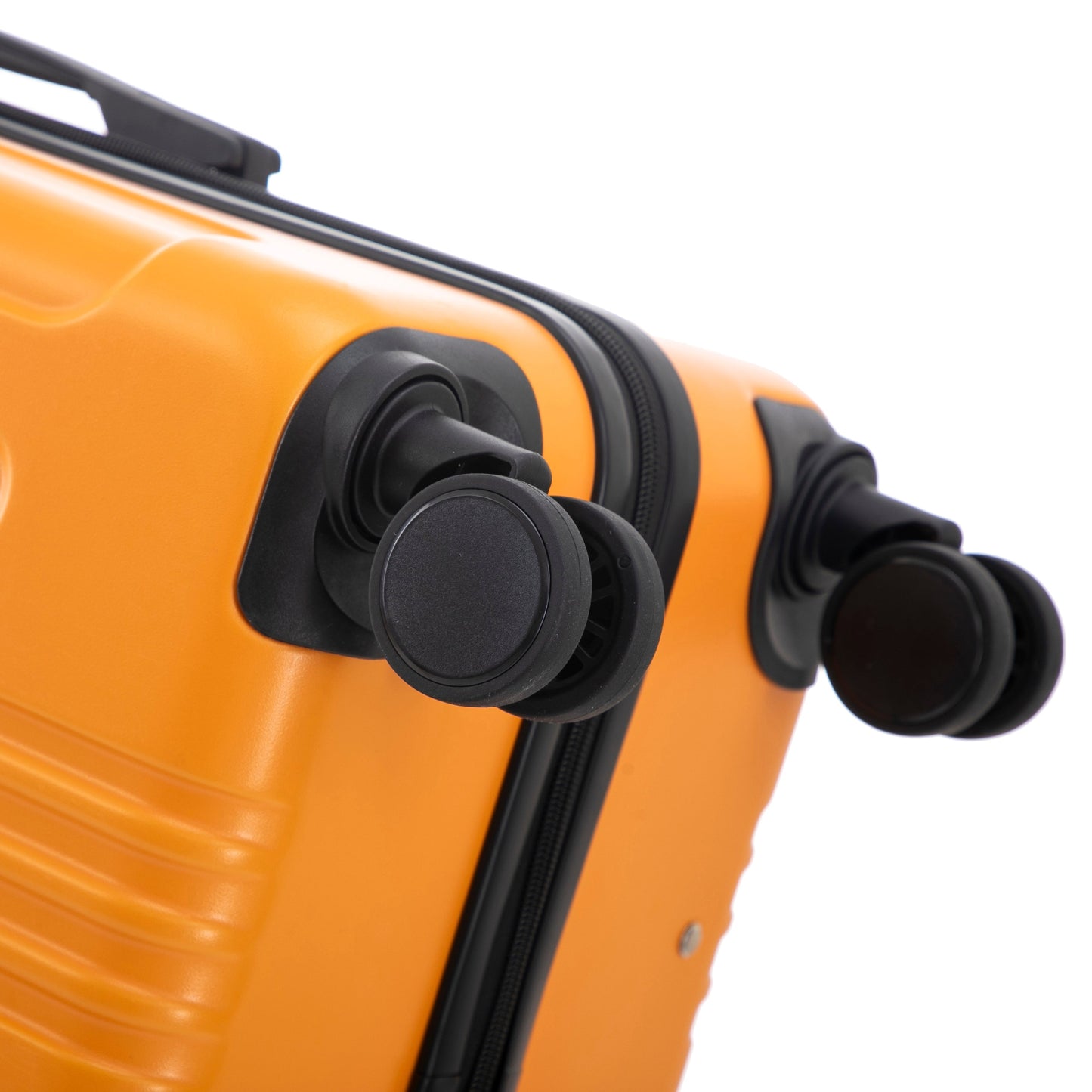 3-Piece ABS Spinner Wheel Luggage Set orange and black close-up showing wheels and zipper on Tampa Home & Garden Store