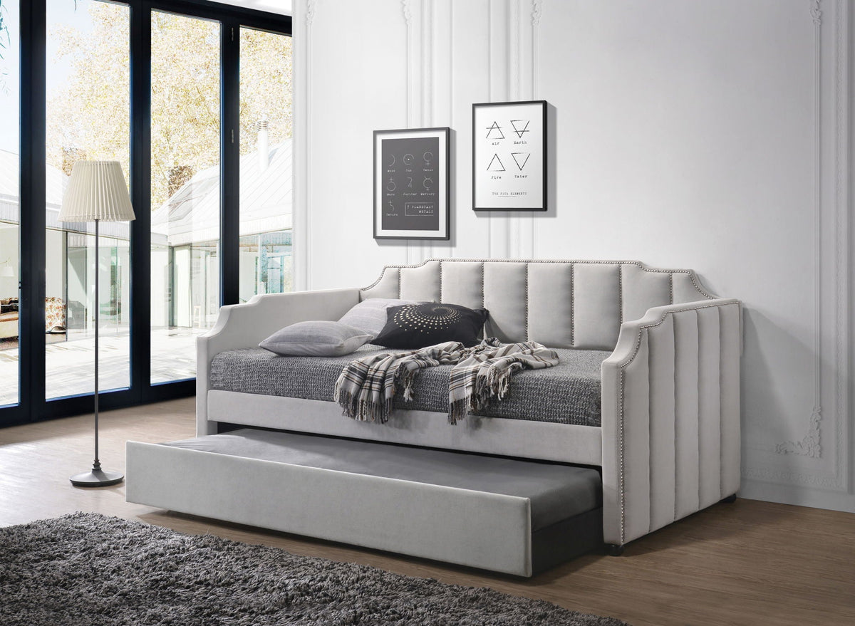 Peridot Twin Daybed with Trundle in Dove Gray, upholstered fabric with nailhead trim on Tampa Home & Garden Store