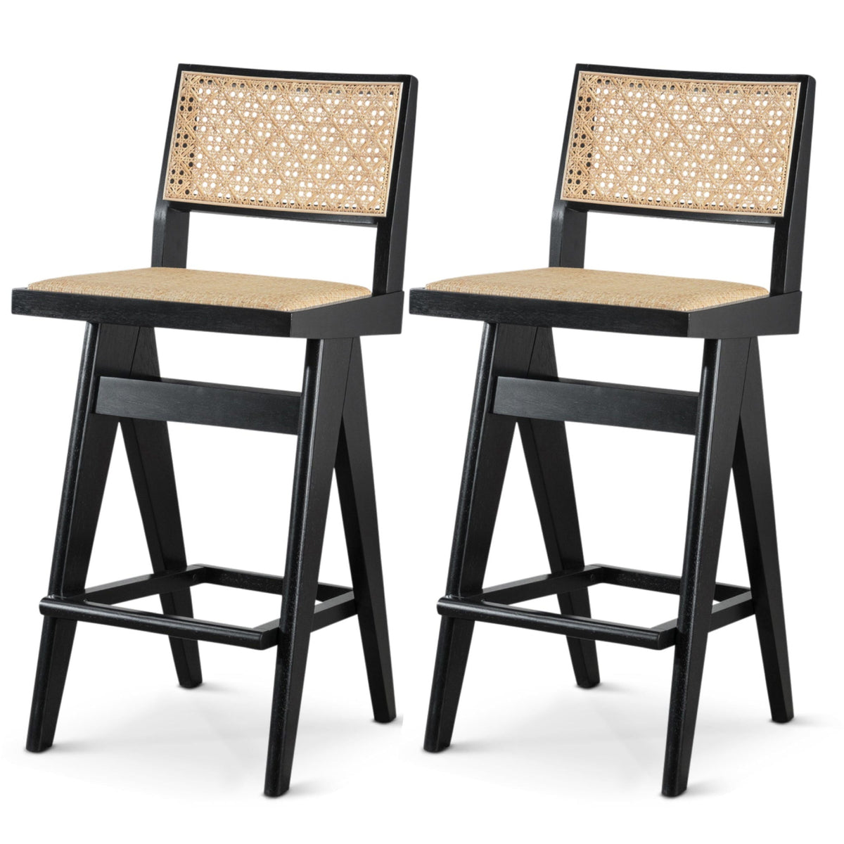 Bar stools set of 2 with black frames and full back support, woven rattan back panels on Tampa Home & Garden Store