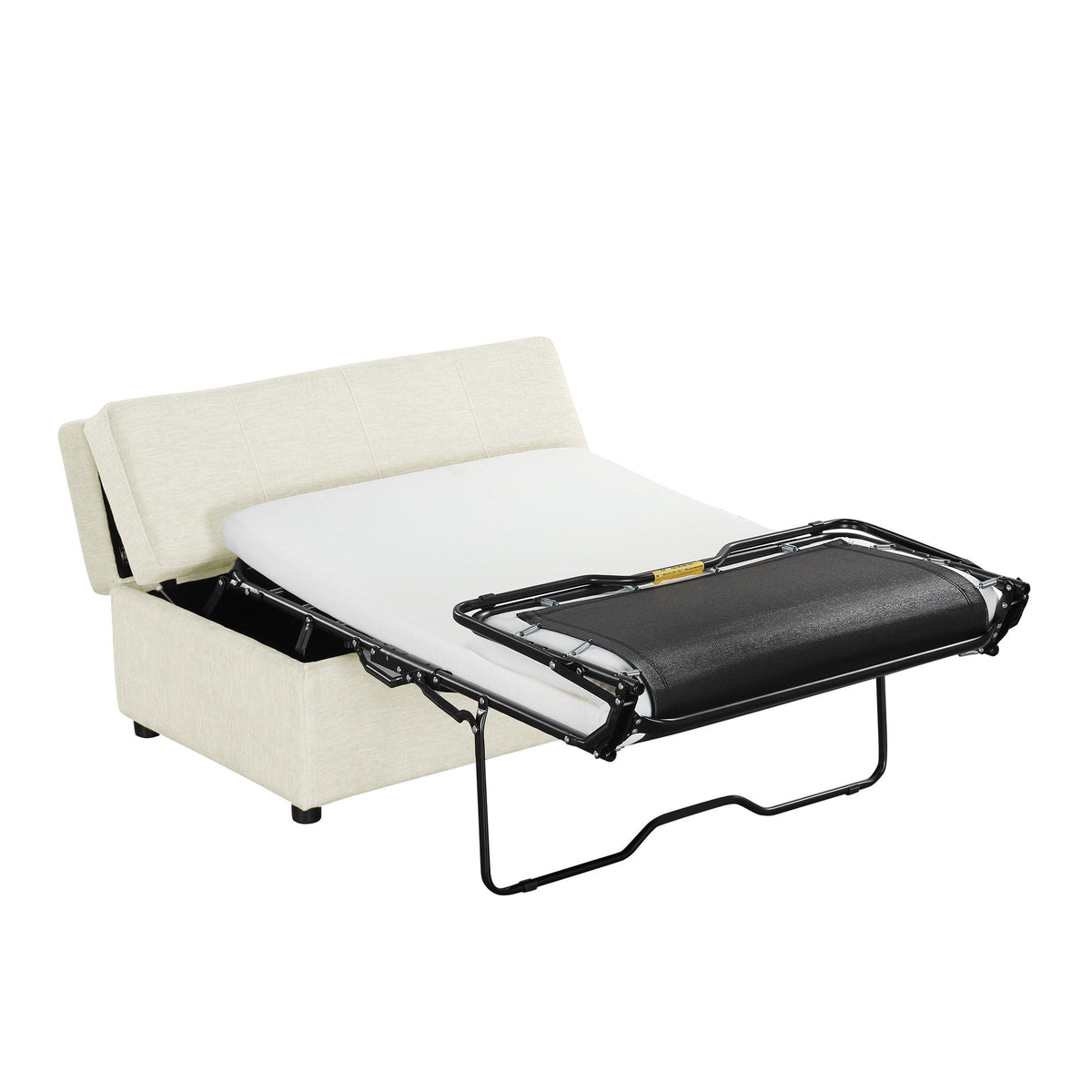 Twin size folding ottoman sleeper bed with mattress, beige upholstery and black metal frame on Tampa Home & Garden Store