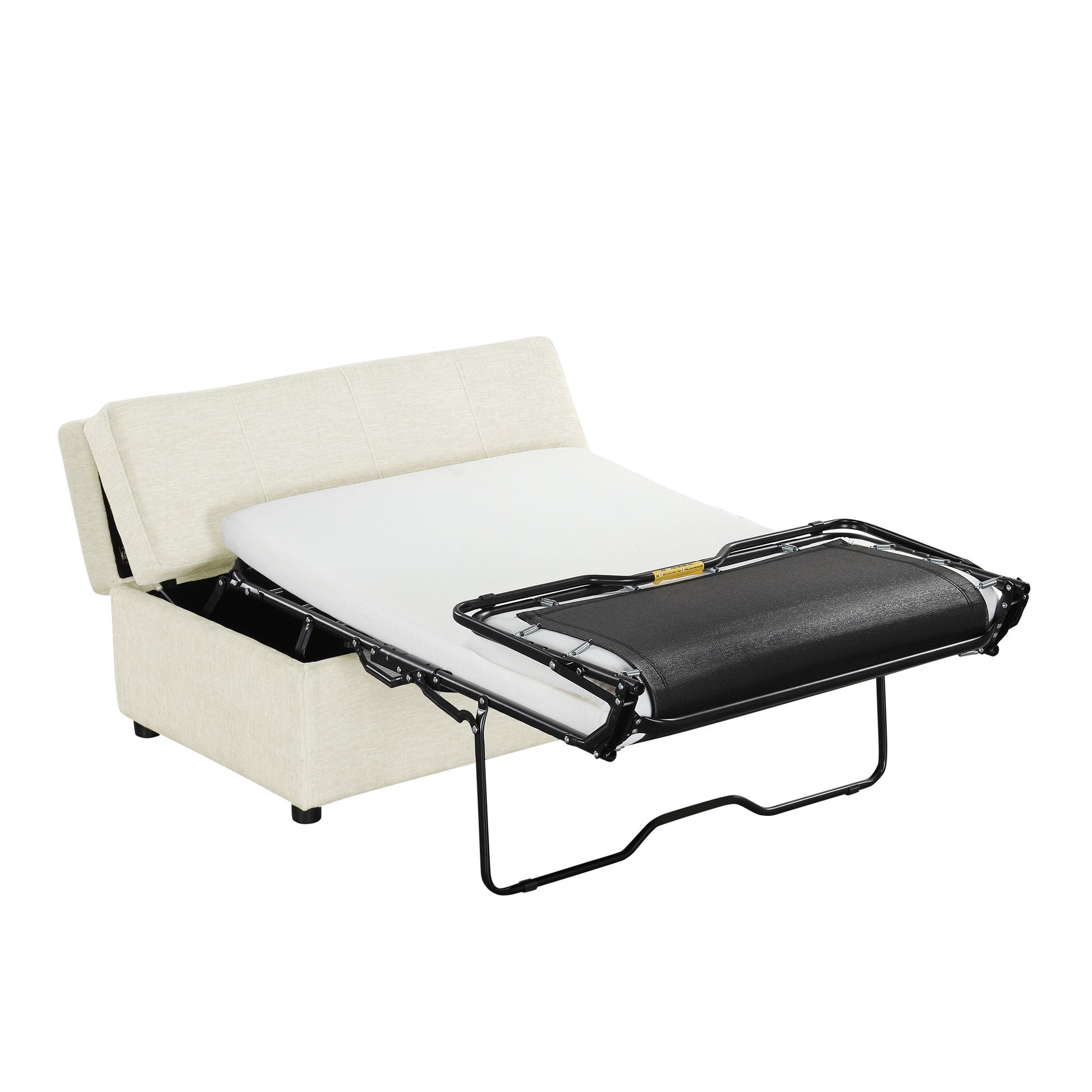 Twin size folding ottoman sleeper bed with mattress, beige upholstery and black metal frame on Tampa Home & Garden Store