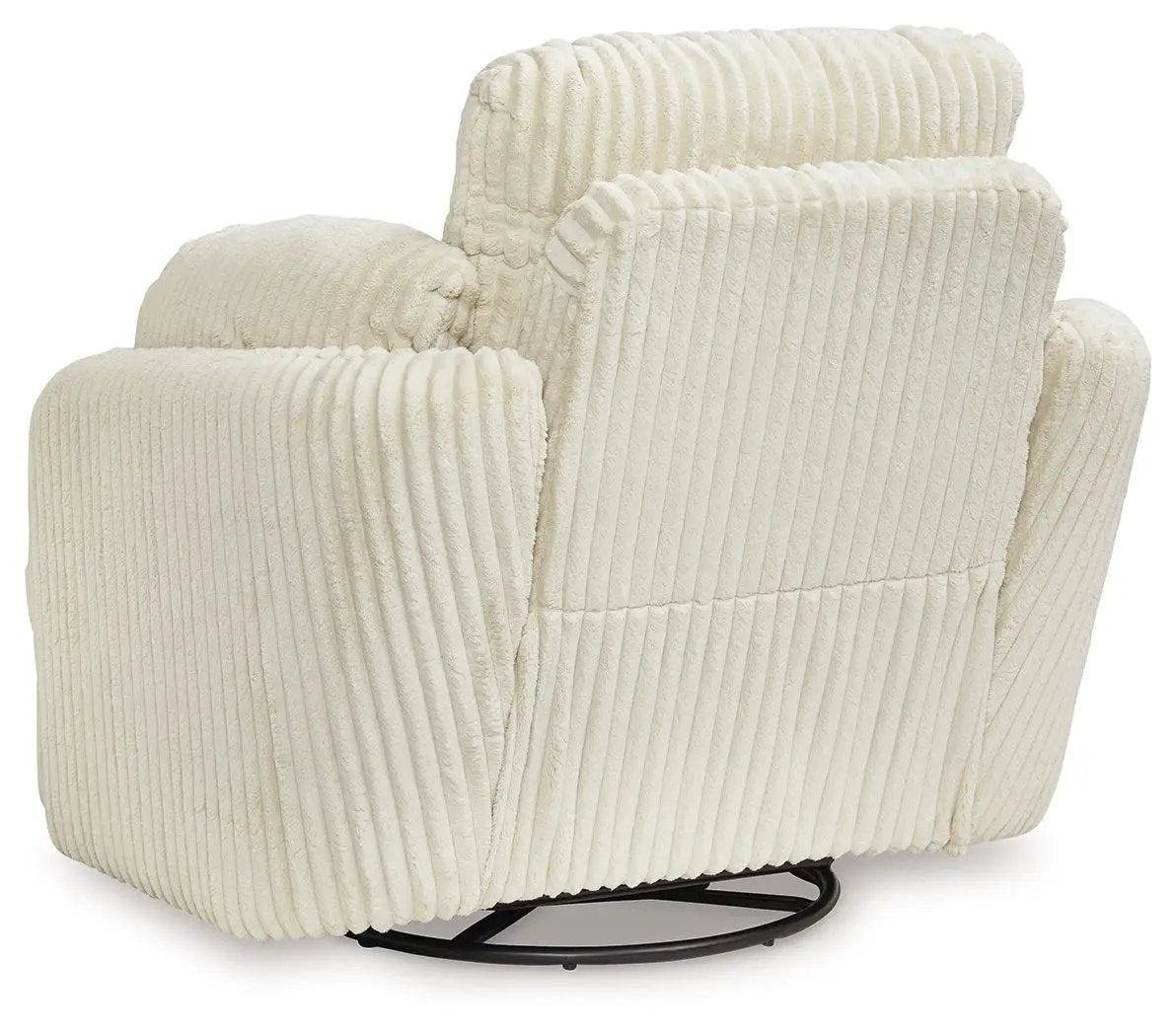 Tie-breaker swivel glider recliner chair, ivory corduroy upholstery, circular metal base on Tampa Home & Garden Store