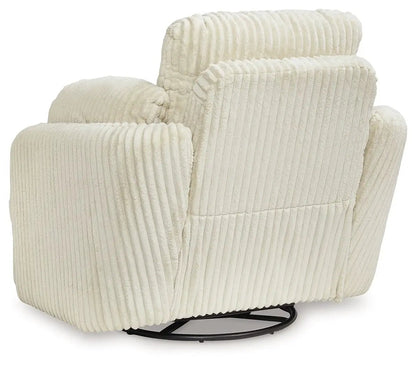 Tie-breaker swivel glider recliner chair, ivory corduroy upholstery, circular metal base on Tampa Home & Garden Store