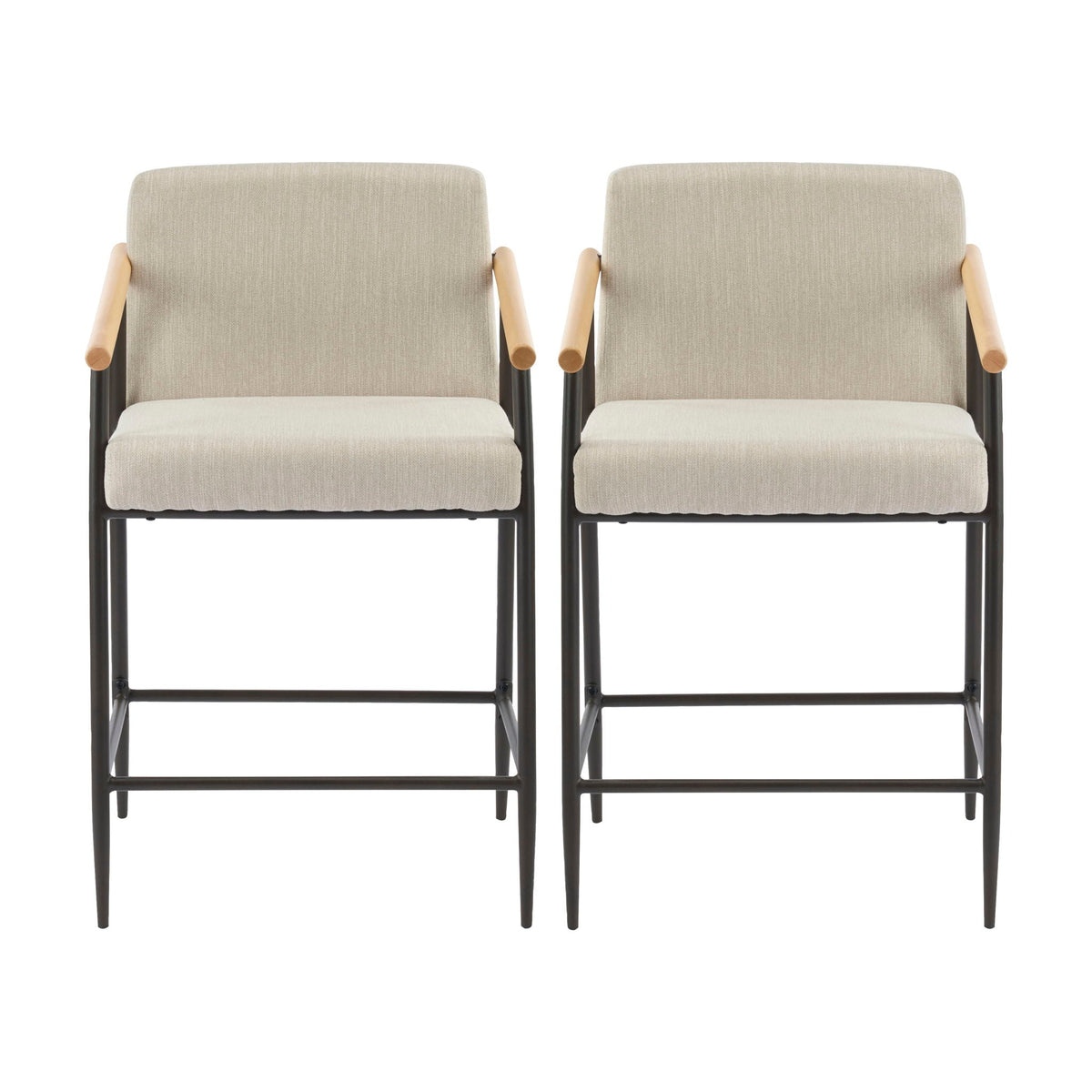 Two mid-century modern counter stools with iron frame and beige fabric upholstery on Tampa Home & Garden Store