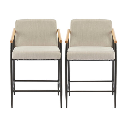 Two mid-century modern counter stools with iron frame and beige fabric upholstery on Tampa Home & Garden Store