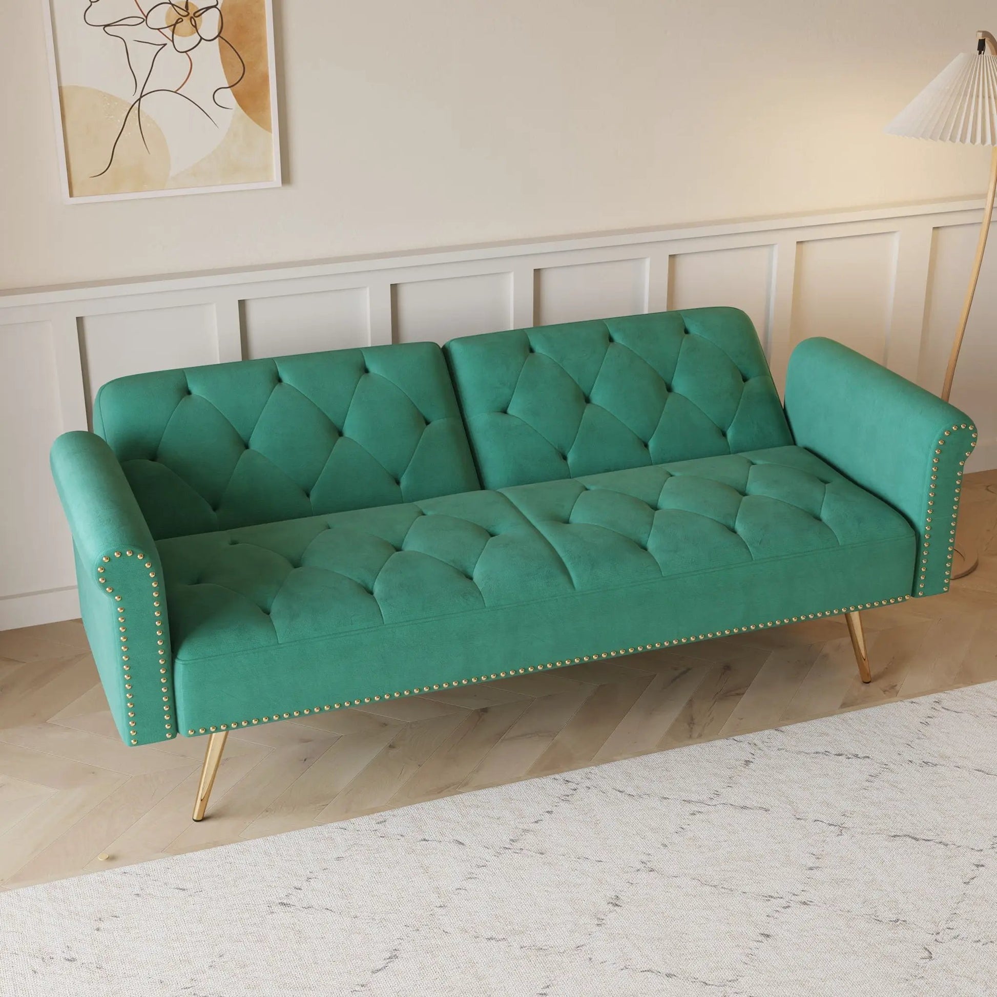 Teal tufted futon sofa bed with nailhead trim and matching pillow by Unique Piece Furniture on Tampa Home & Garden Store
