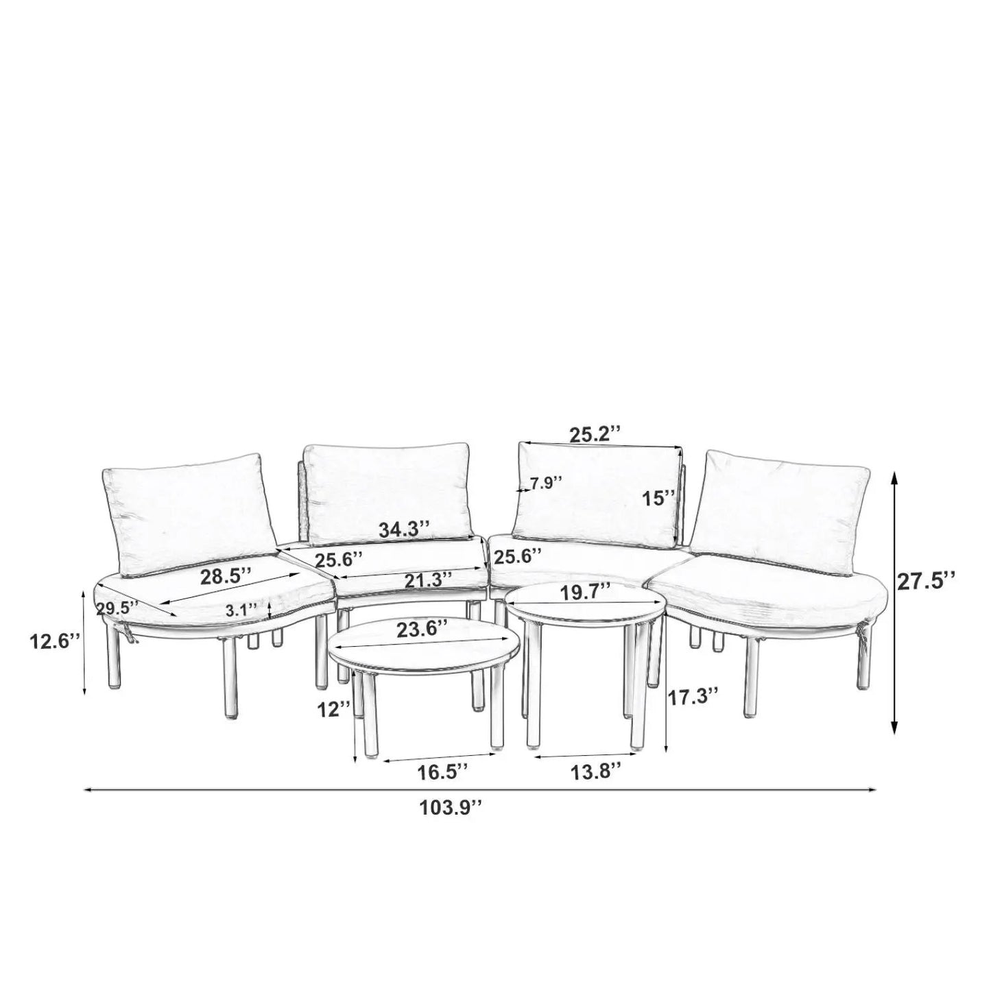 6 Piece Patio Set Half Moon outdoor sectional with 2 coffee tables and 4 cream cushions on Tampa Home & Garden Store