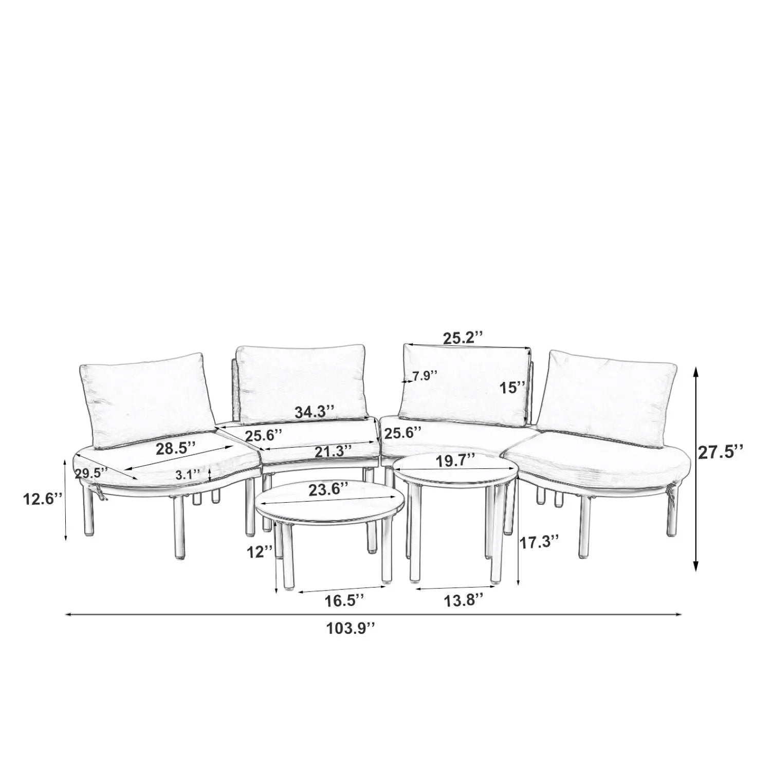 6 Piece Patio Set Half Moon outdoor sectional with 2 coffee tables and 4 cream cushions on Tampa Home & Garden Store
