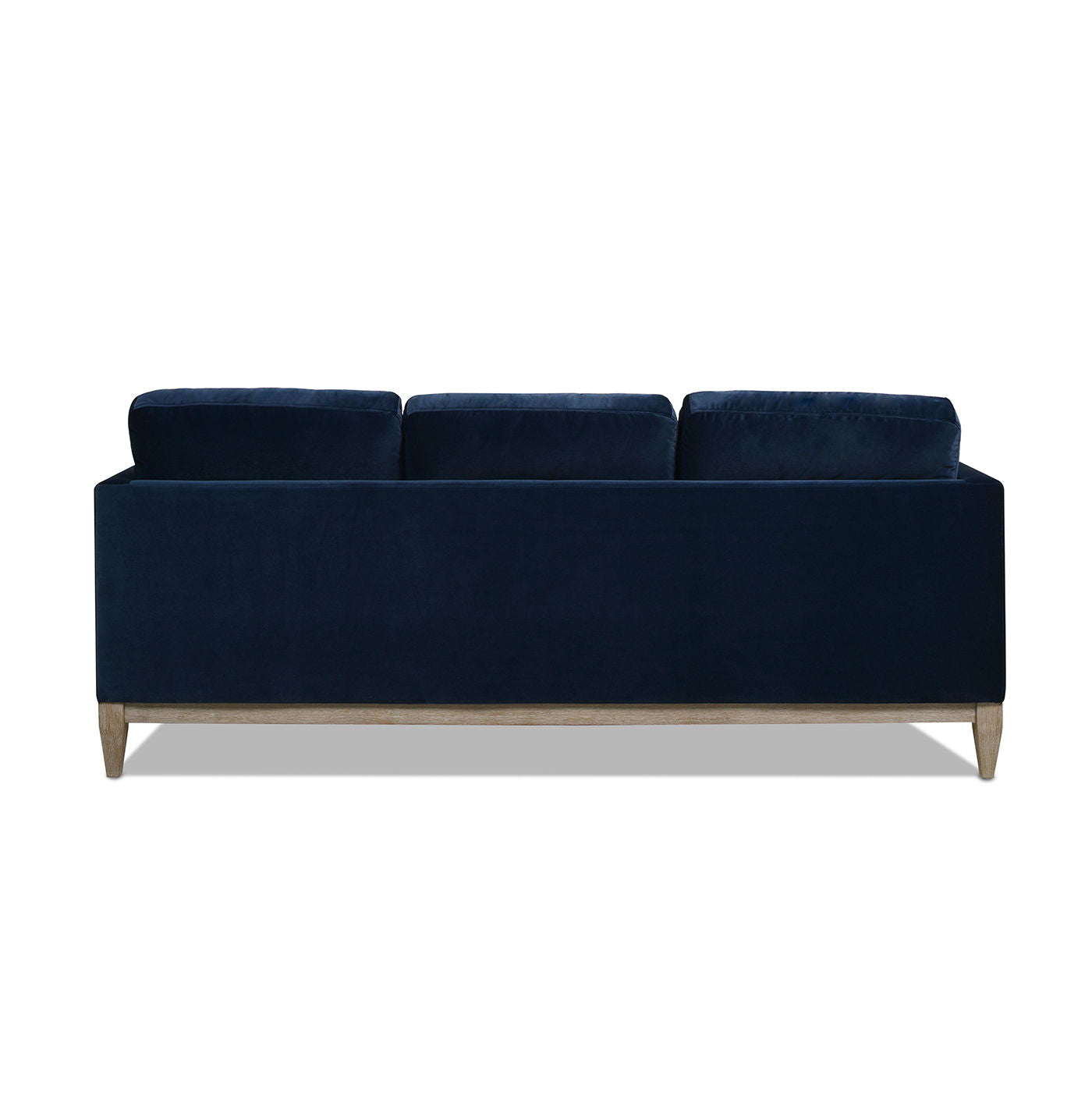 Knox Modern Farmhouse Sofa navy velvet stationary sofa with 3 back cushions and light wood legs on Tampa Home & Garden Store
