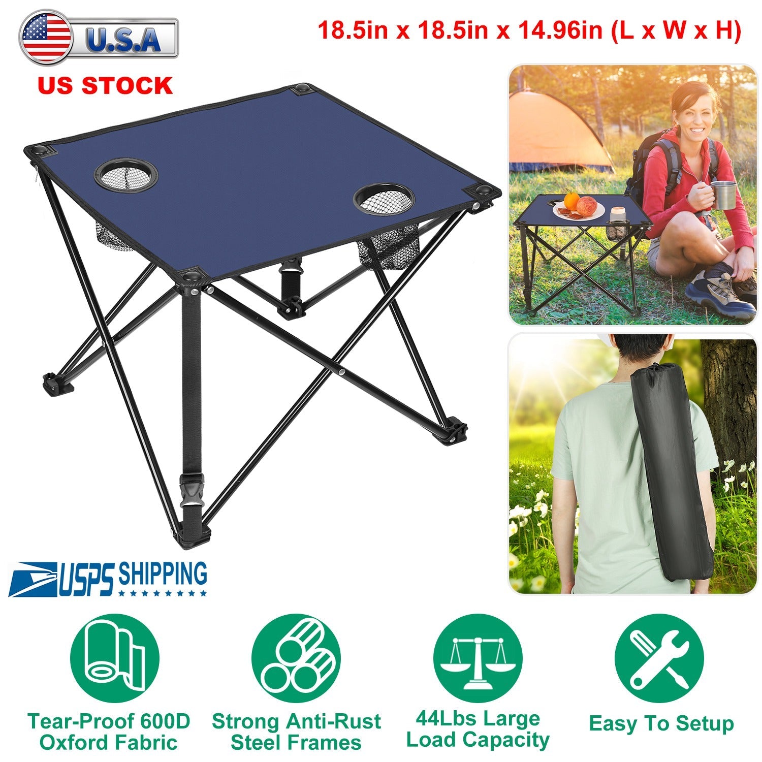 GemGear foldable camping table, blue fabric top with two cup holders, portable travel desk on Tampa Home & Garden Store