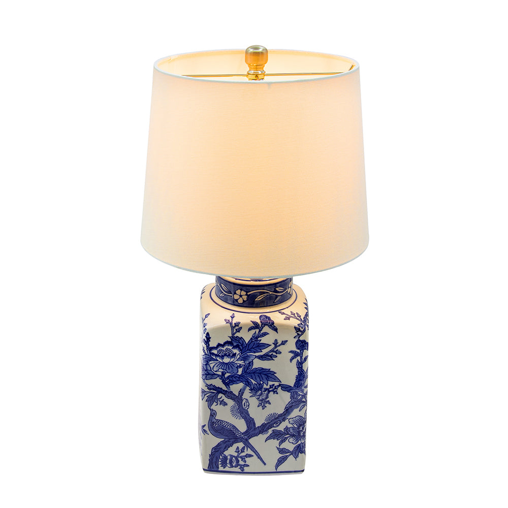 Blue and white ceramic vase table lamp by HouseOfZazla with beige shade on Tampa Home & Garden Store