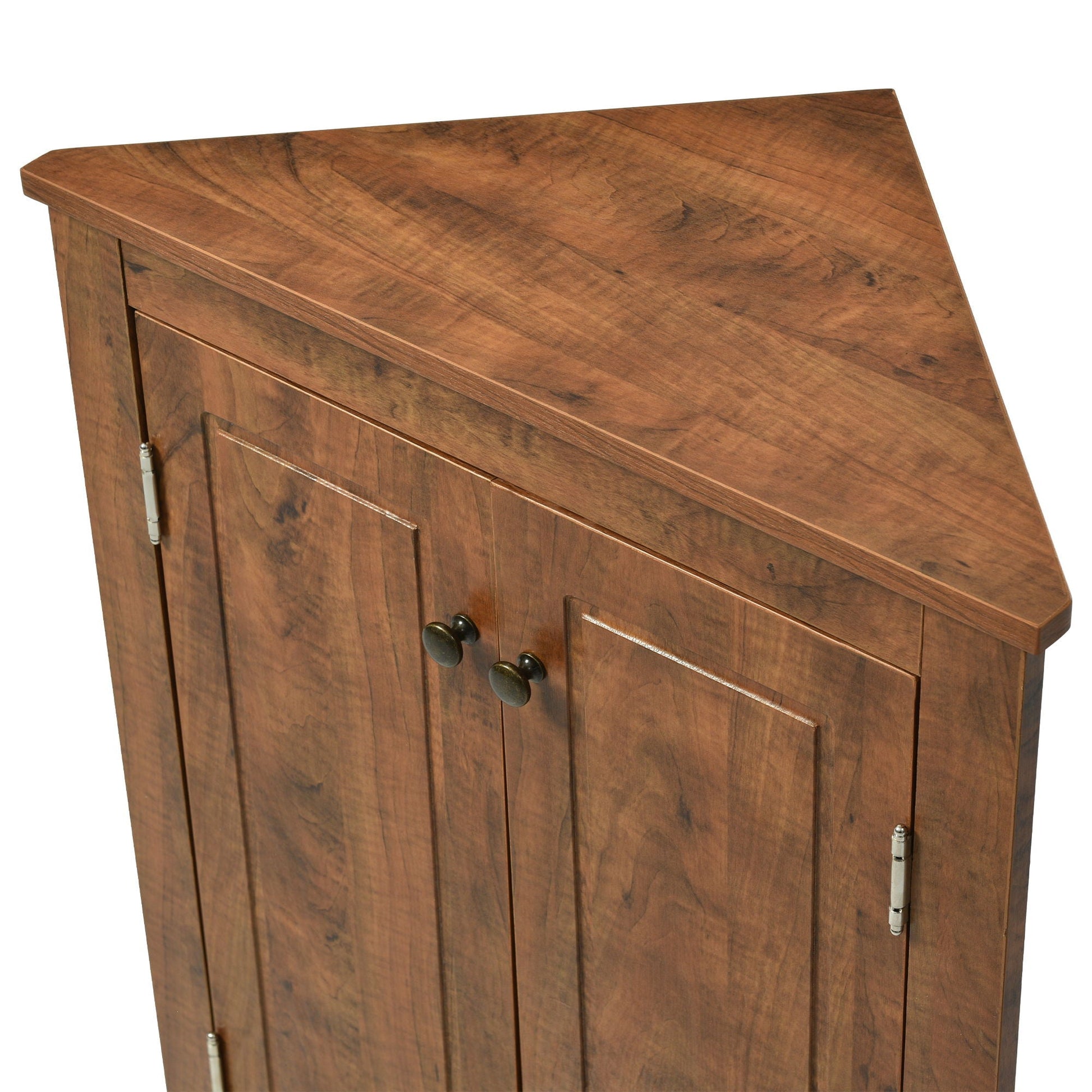 Triangle bathroom storage cabinet with warm brown wood finish paneled doors and round knobs on Tampa Home & Garden Store