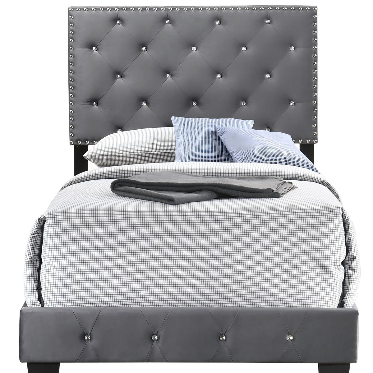 HouseOfZazla upholstered bed with tufted grey headboard and stud trim; grid bedding on Tampa Home & Garden Store