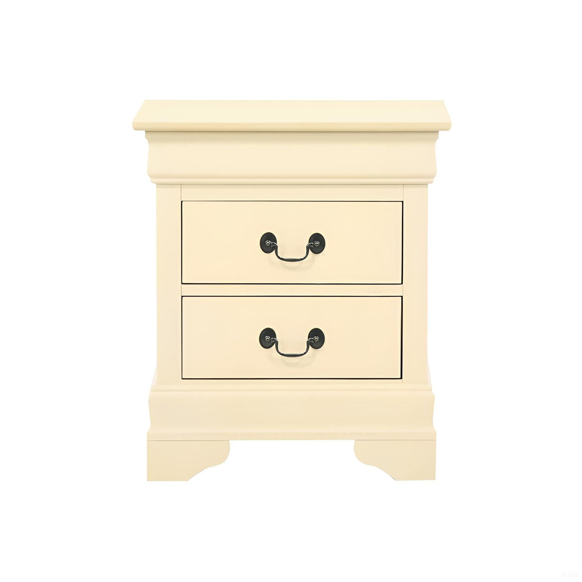 Cream traditional accent nightstand with three drawers, crown edge and black metal pulls on Tampa Home & Garden Store