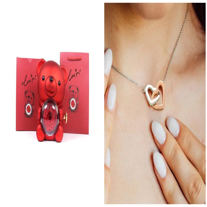 Eternal Rose Teddy Bear with Necklace: red bear, rose in orb, heart pendant necklace on Tampa Home & Garden Store