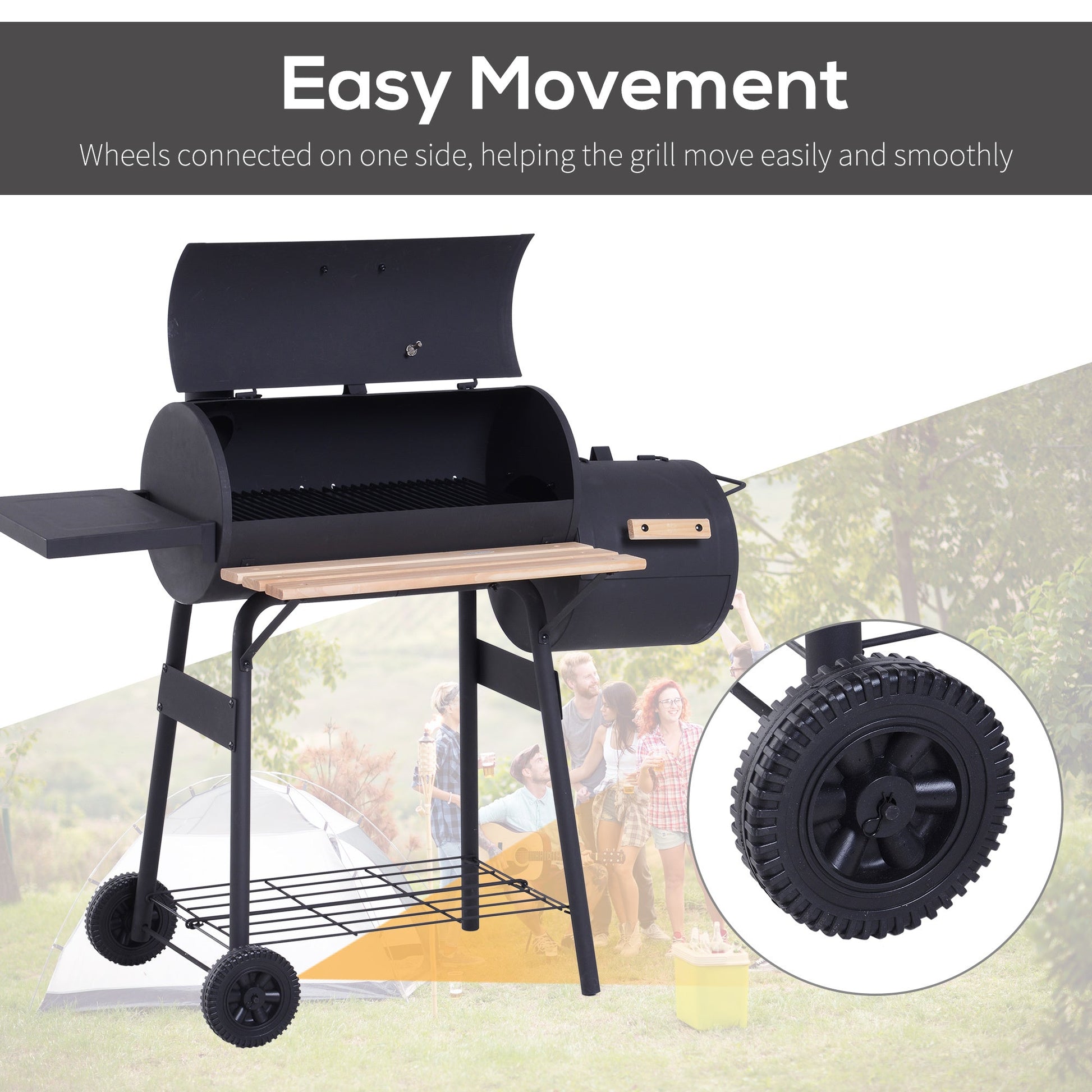Outsunny 48in portable charcoal grill with offset smoker on black cart and wooden shelf on Tampa Home & Garden Store