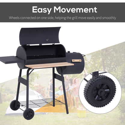 Outsunny 48in portable charcoal grill with offset smoker on black cart and wooden shelf on Tampa Home & Garden Store