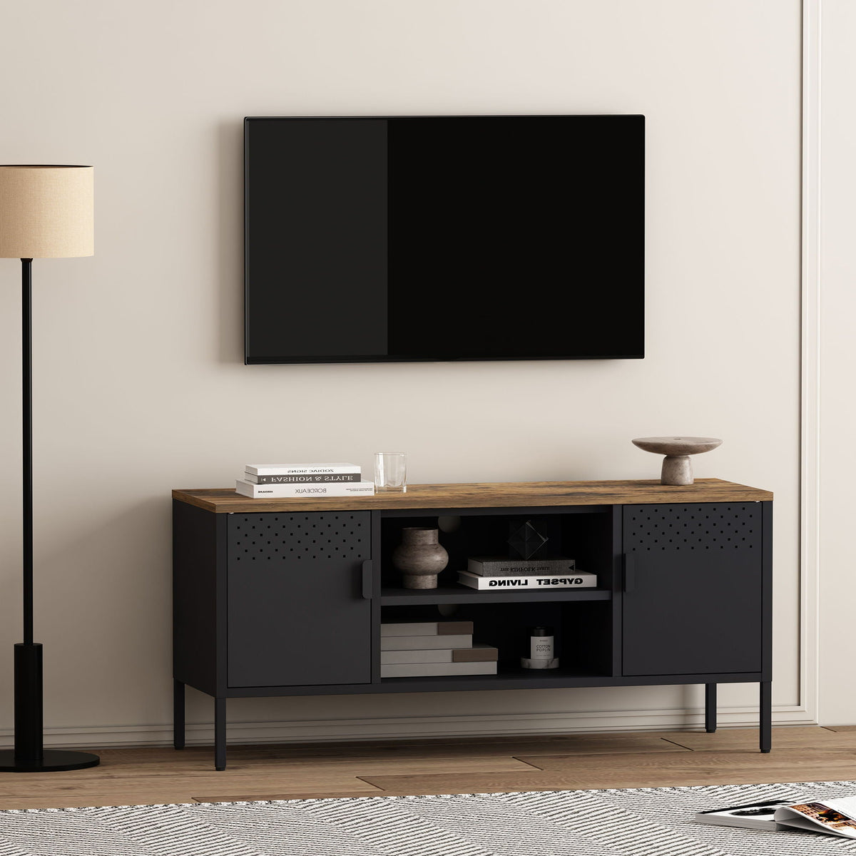 Storage cabinet TV stand with steel frame, dark gray body and wood top on Tampa Home & Garden Store