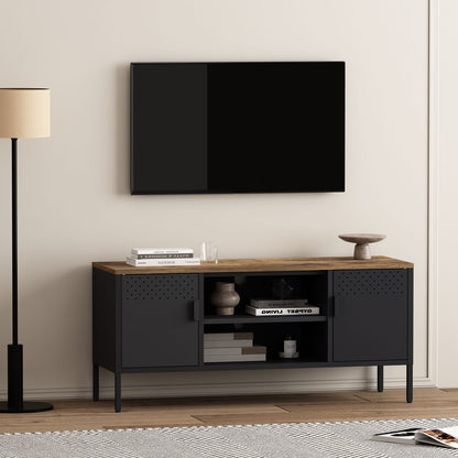 Storage cabinet TV stand with steel frame, dark gray body and wood top on Tampa Home & Garden Store