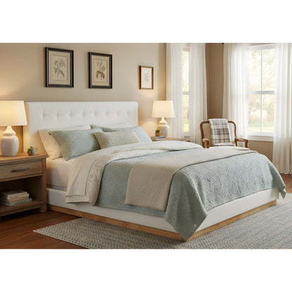 Solid rubber wood platform bed with white tufted headboard and wood frame HouseOfZazla on Tampa Home & Garden Store