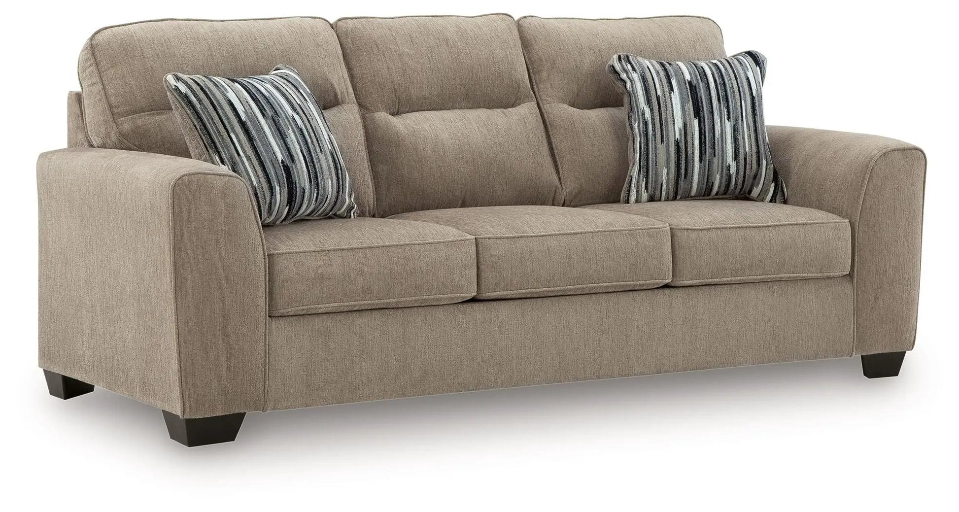 Olten beige fabric sofa with three seat cushions and striped pillows on Tampa Home & Garden Store