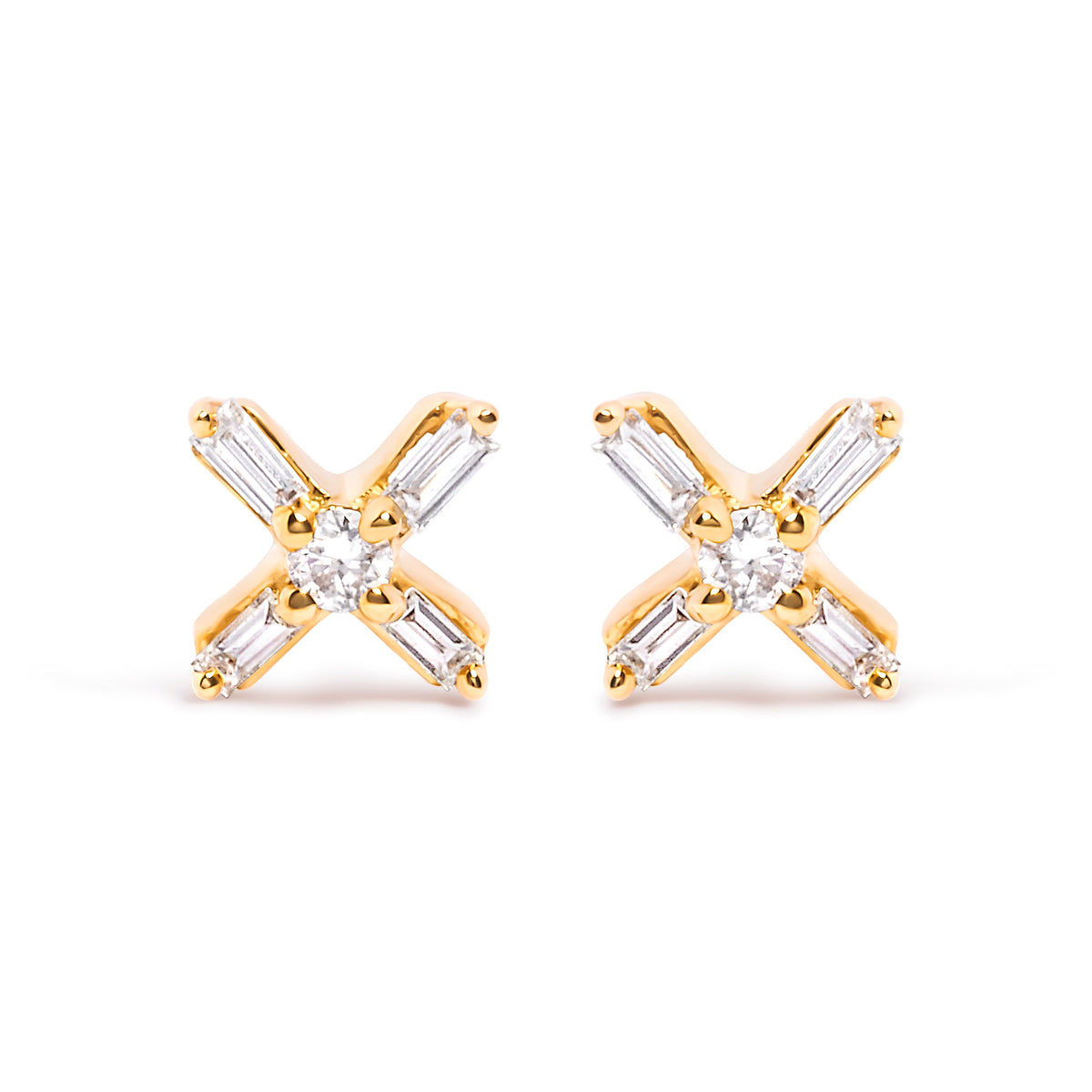Pair of 10K yellow gold criss-cross X diamond baguette/round stud earrings on Tampa Home & Garden Store