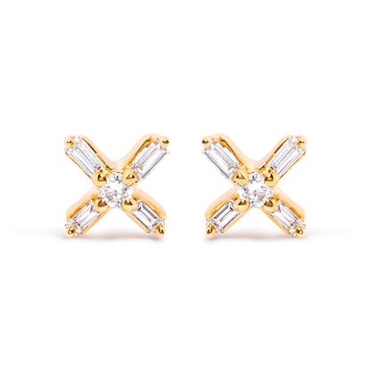 Pair of 10K yellow gold criss-cross X diamond baguette/round stud earrings on Tampa Home & Garden Store