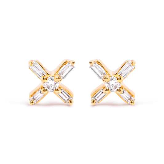 Pair of 10K yellow gold criss-cross X diamond baguette/round stud earrings on Tampa Home & Garden Store