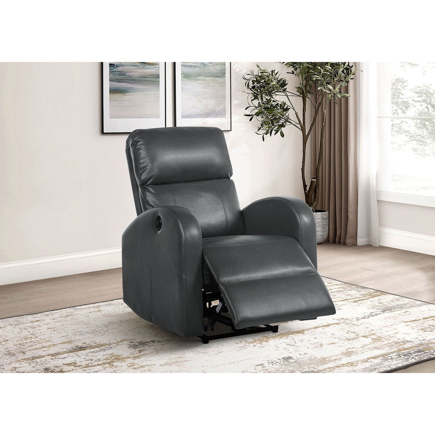 Meglia Power Recliner Chair in dark gray leather with extended footrest in living room on Tampa Home & Garden Store
