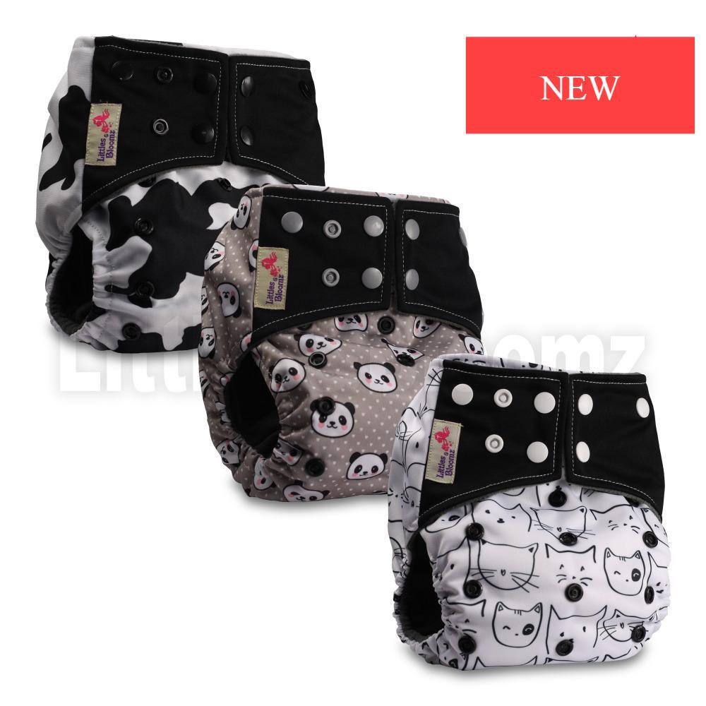 Stevvex 3-pack cloth pocket nappies with panda, cow and cat prints; washable baby diapers on Tampa Home & Garden Store