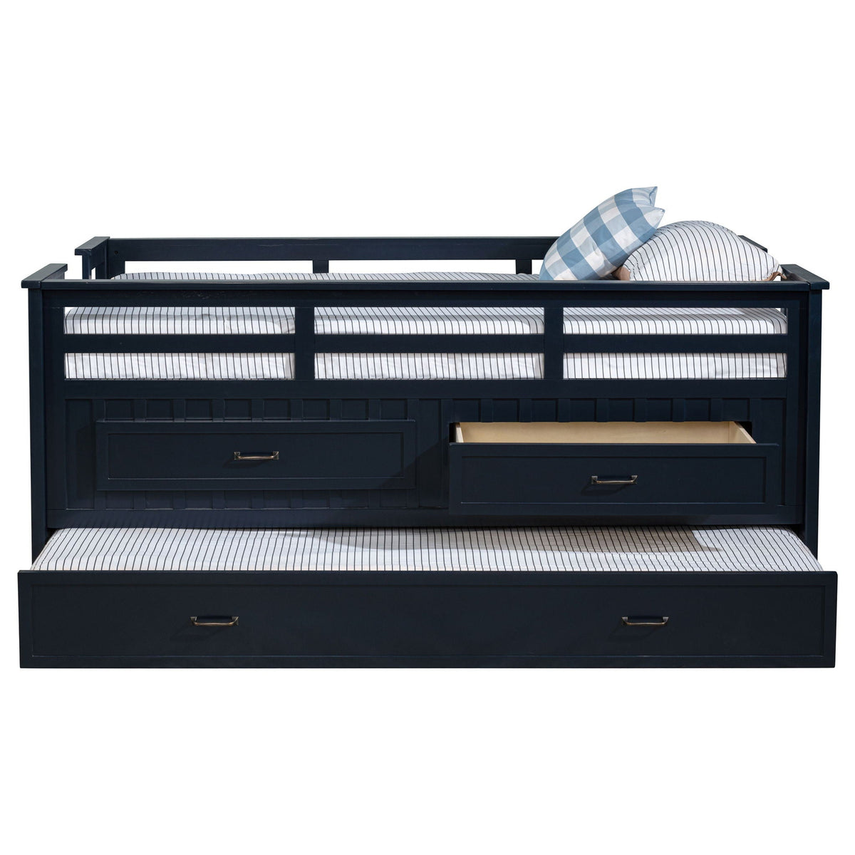 Starboard Captain's Bed with Trundle by HouseOfZazla in dark navy wood with striped bedding on Tampa Home & Garden Store