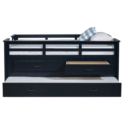 Starboard Captain's Bed with Trundle by HouseOfZazla in dark navy wood with striped bedding on Tampa Home & Garden Store