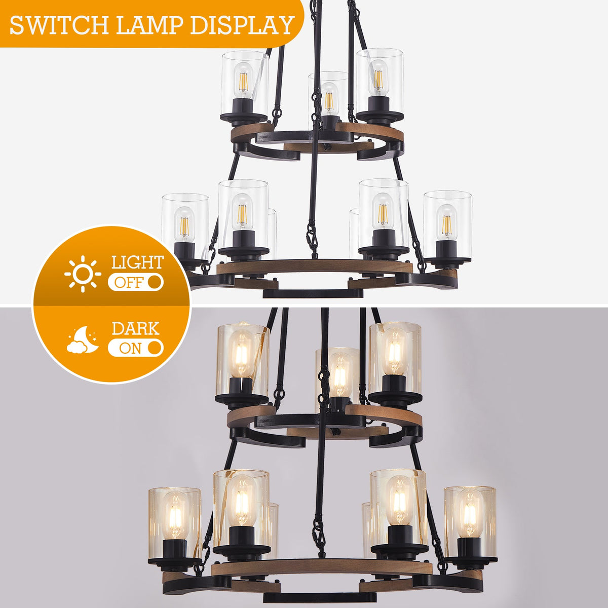 9-light wagon wheel chandelier by HouseOfZazla with black metal and wood tones, shades on Tampa Home & Garden Store