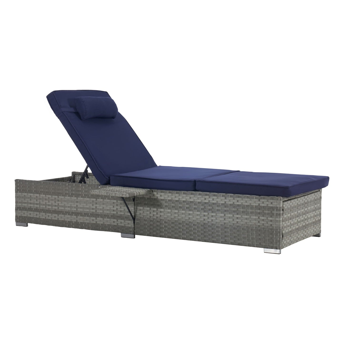 Outdoor chaise lounge in gray PE rattan with navy cushions and a headrest on Tampa Home & Garden Store