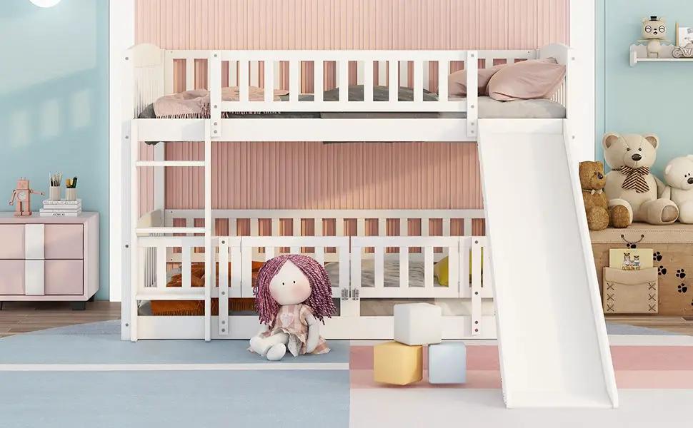 Low Bunk Bed With Slide Fence and Ladder