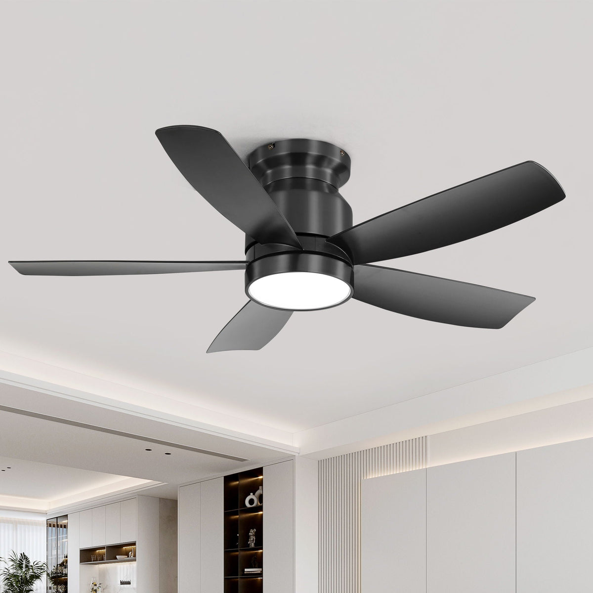 Ceiling fan flush mount by HouseOfZazla with 5 black blades, 18W LED light, remote on Tampa Home & Garden Store