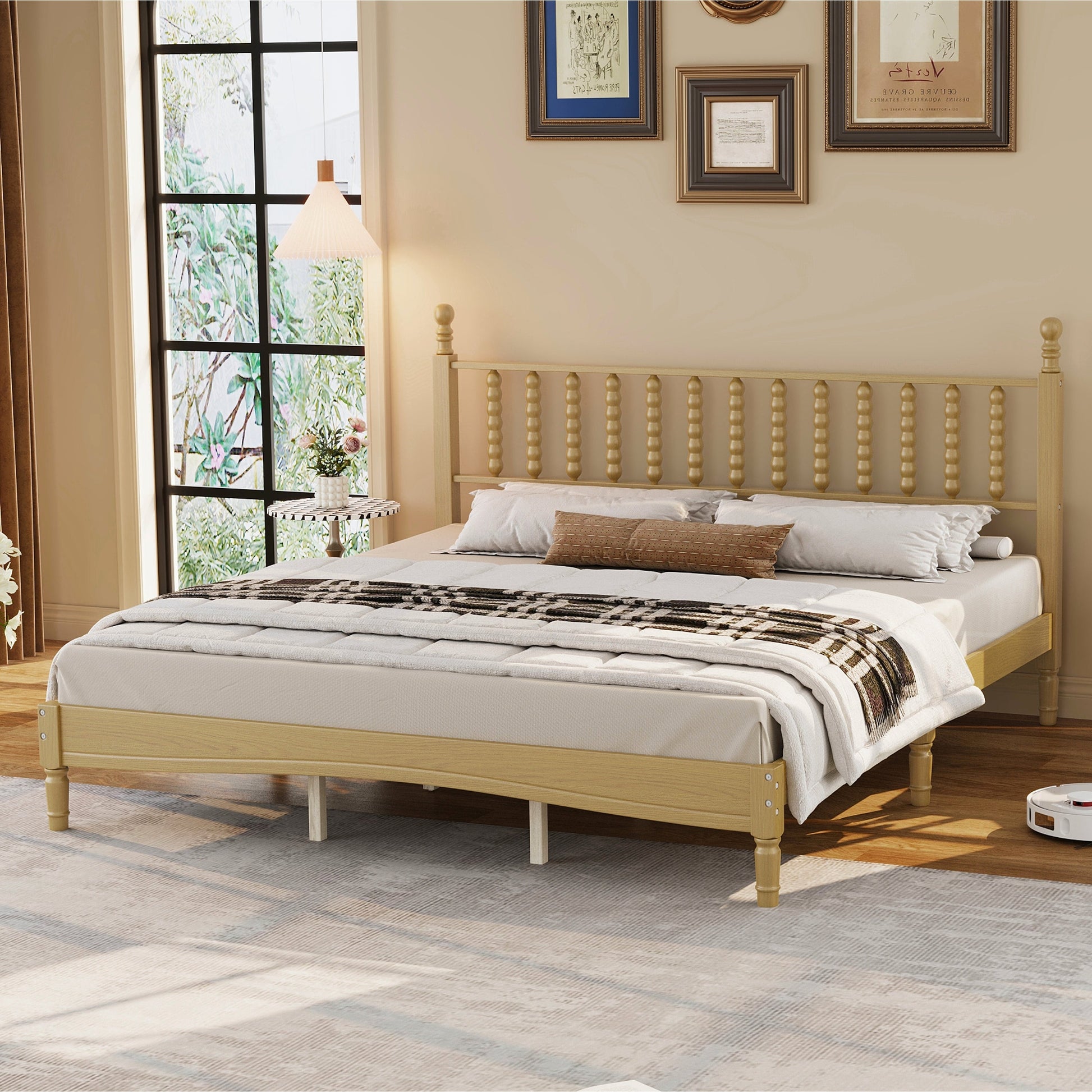 King size wood platform bed with gourd headboard in light natural wood in a beige bedroom on Tampa Home & Garden Store