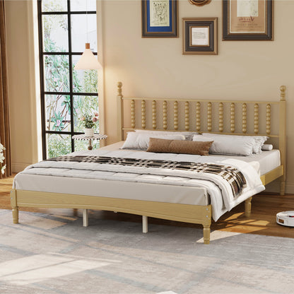 King size wood platform bed with gourd headboard in light natural wood in a beige bedroom on Tampa Home & Garden Store