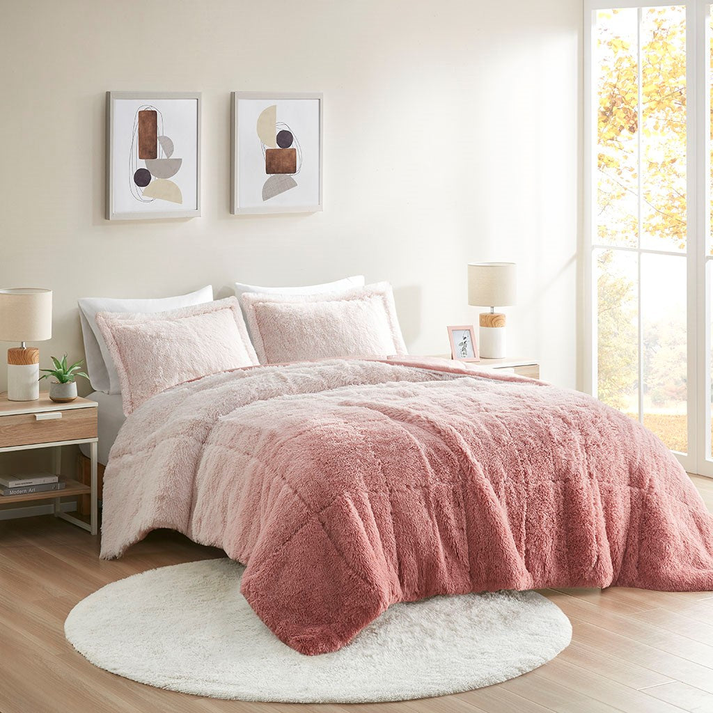 HouseOfZazla Full/Queen Ombre Shaggy Long Fur Comforter Mini Set in pink ombre with plush pillows on Tampa Home & Garden Store