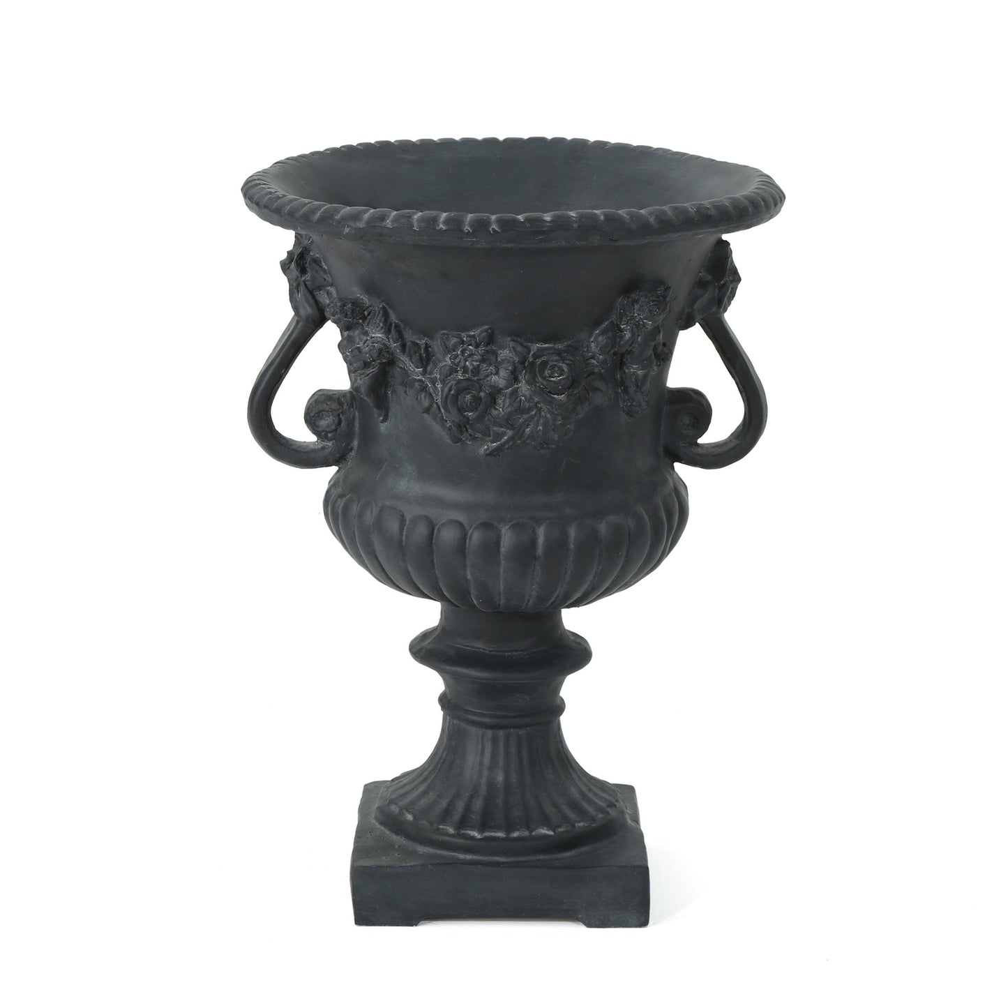 Buena Vista Urn planter in black with floral relief and rope-edged rim by HouseOfZazla on Tampa Home & Garden Store