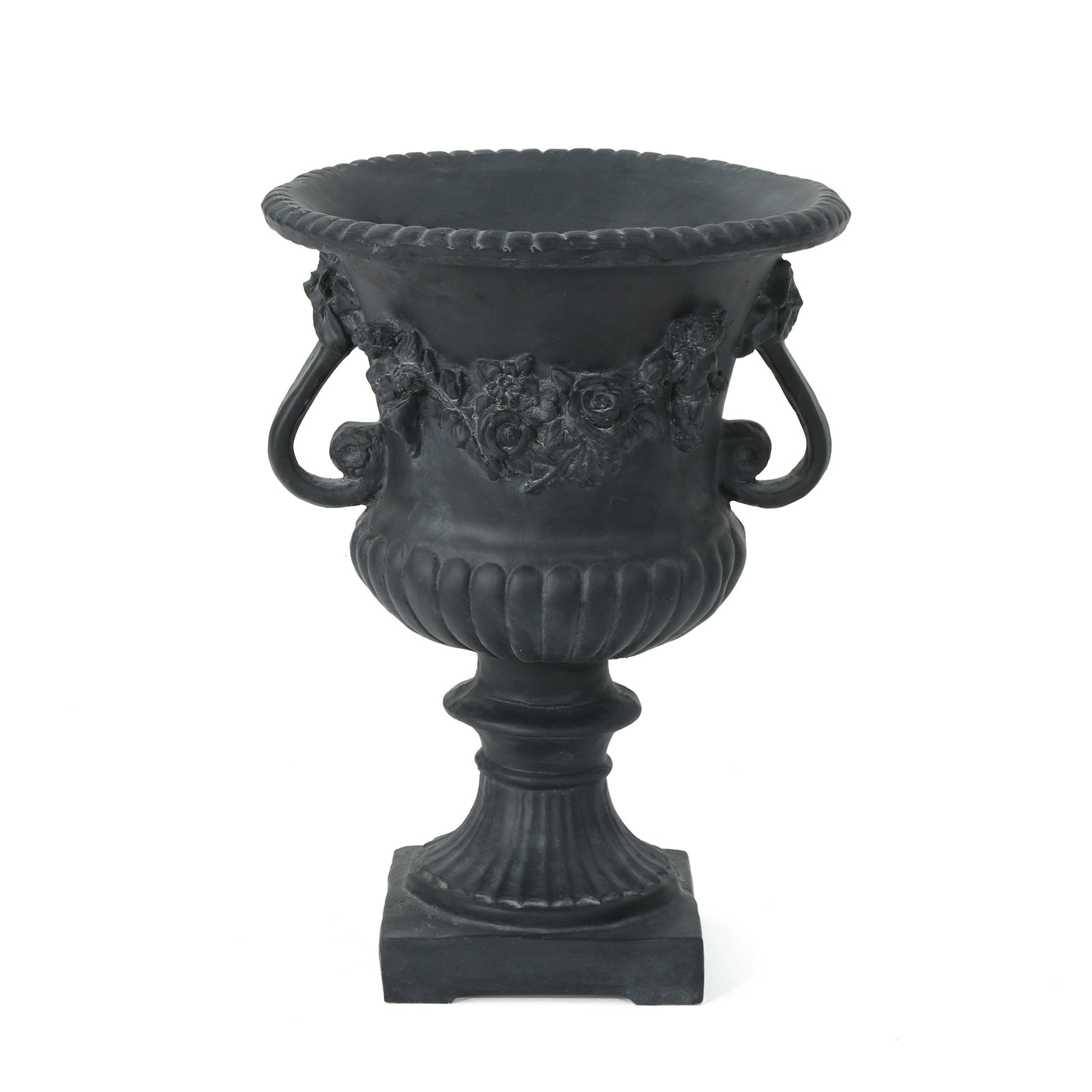 Buena Vista Urn planter in black with floral relief and rope-edged rim by HouseOfZazla on Tampa Home & Garden Store