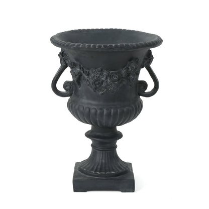 Buena Vista Urn planter in black with floral relief and rope-edged rim by HouseOfZazla on Tampa Home & Garden Store